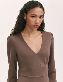Ponte Jersey V-Neck Midi Waisted Dress