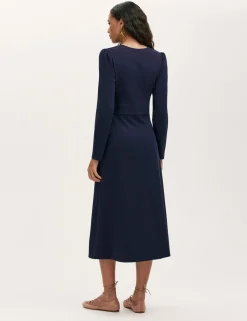 Ponte Jersey V-Neck Midi Waisted Dress