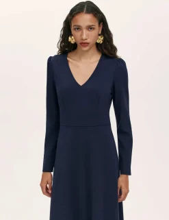 Ponte Jersey V-Neck Midi Waisted Dress