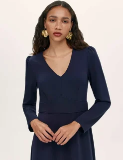 Ponte Jersey V-Neck Midi Waisted Dress