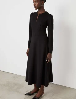 Ponte Jersey Zip Neck Midi Waisted Dress