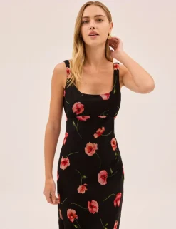 Poppy Print Scoop Neck Midi Tea Dress