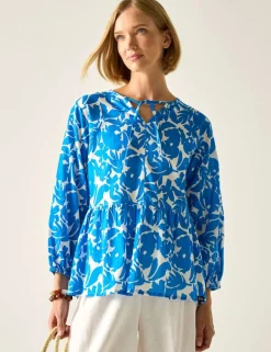 Primden Cotton Rich Tie Neck Blouse With Linen
