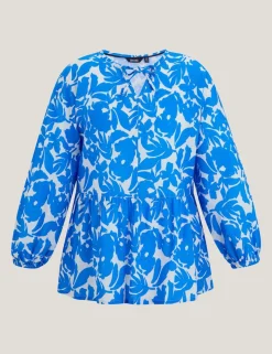 Primden Cotton Rich Tie Neck Blouse With Linen