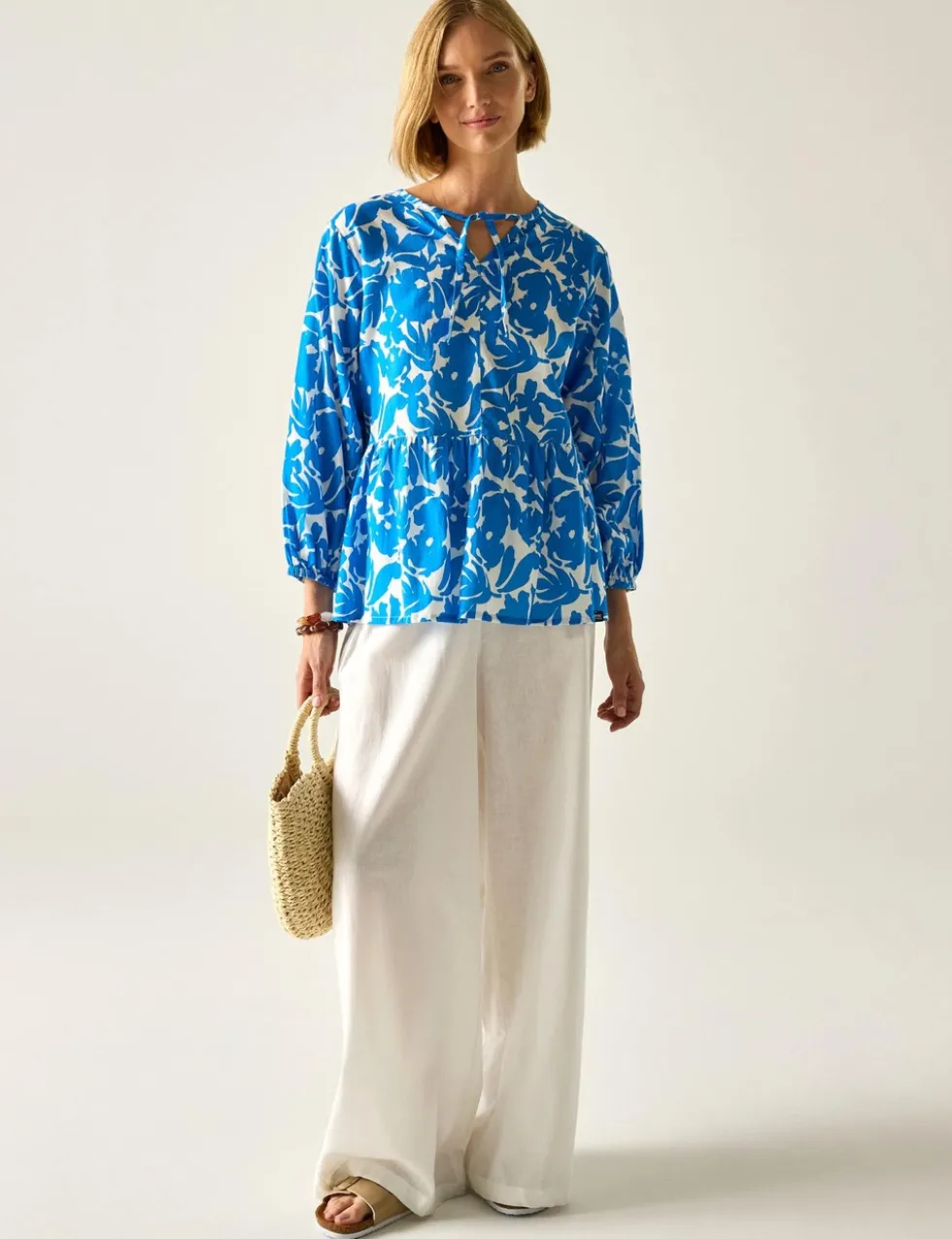 Primden Cotton Rich Tie Neck Blouse With Linen
