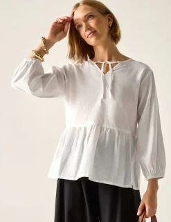 Primden Cotton Rich Tie Neck Blouse With Linen