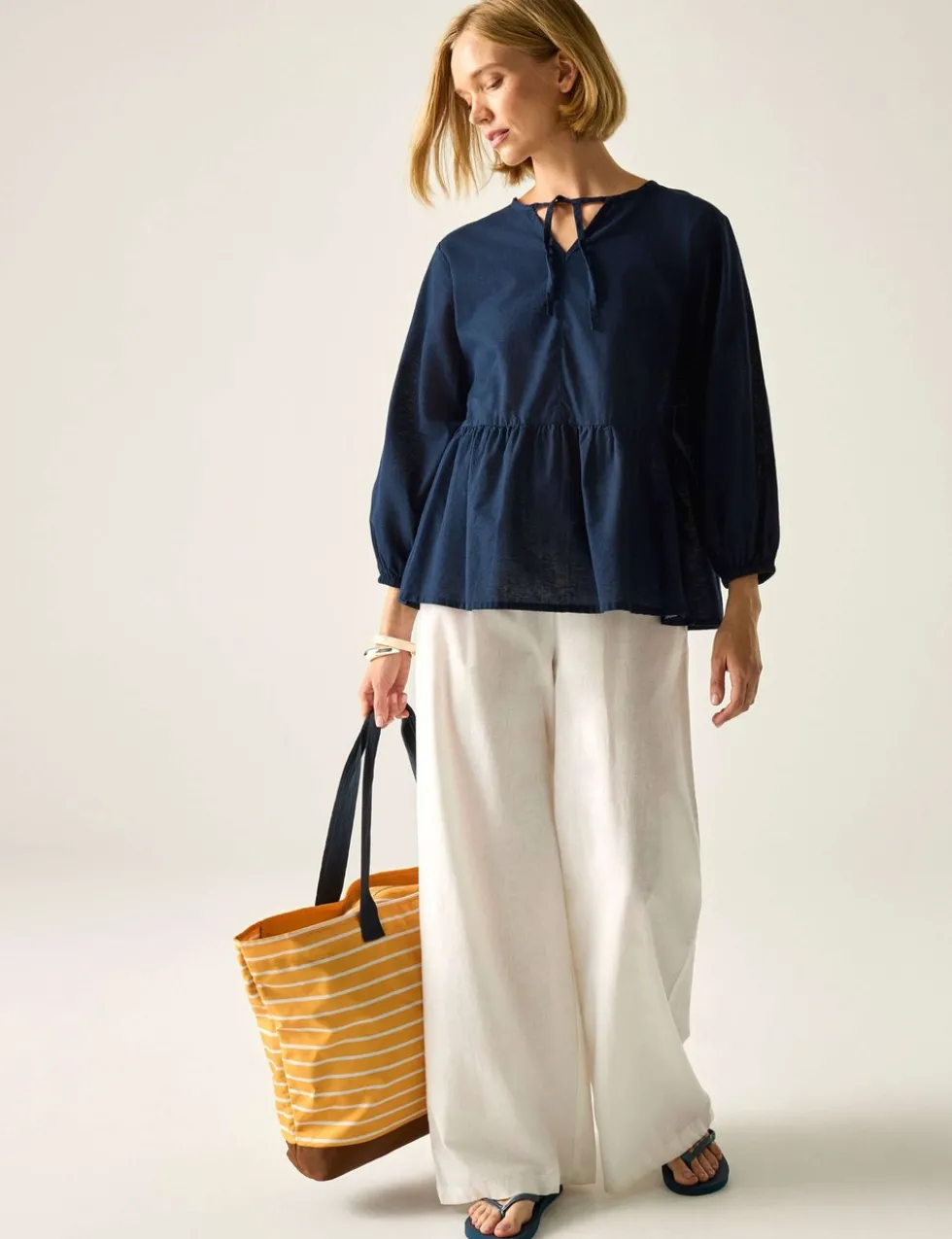 Primden Cotton Rich Tie Neck Blouse With Linen