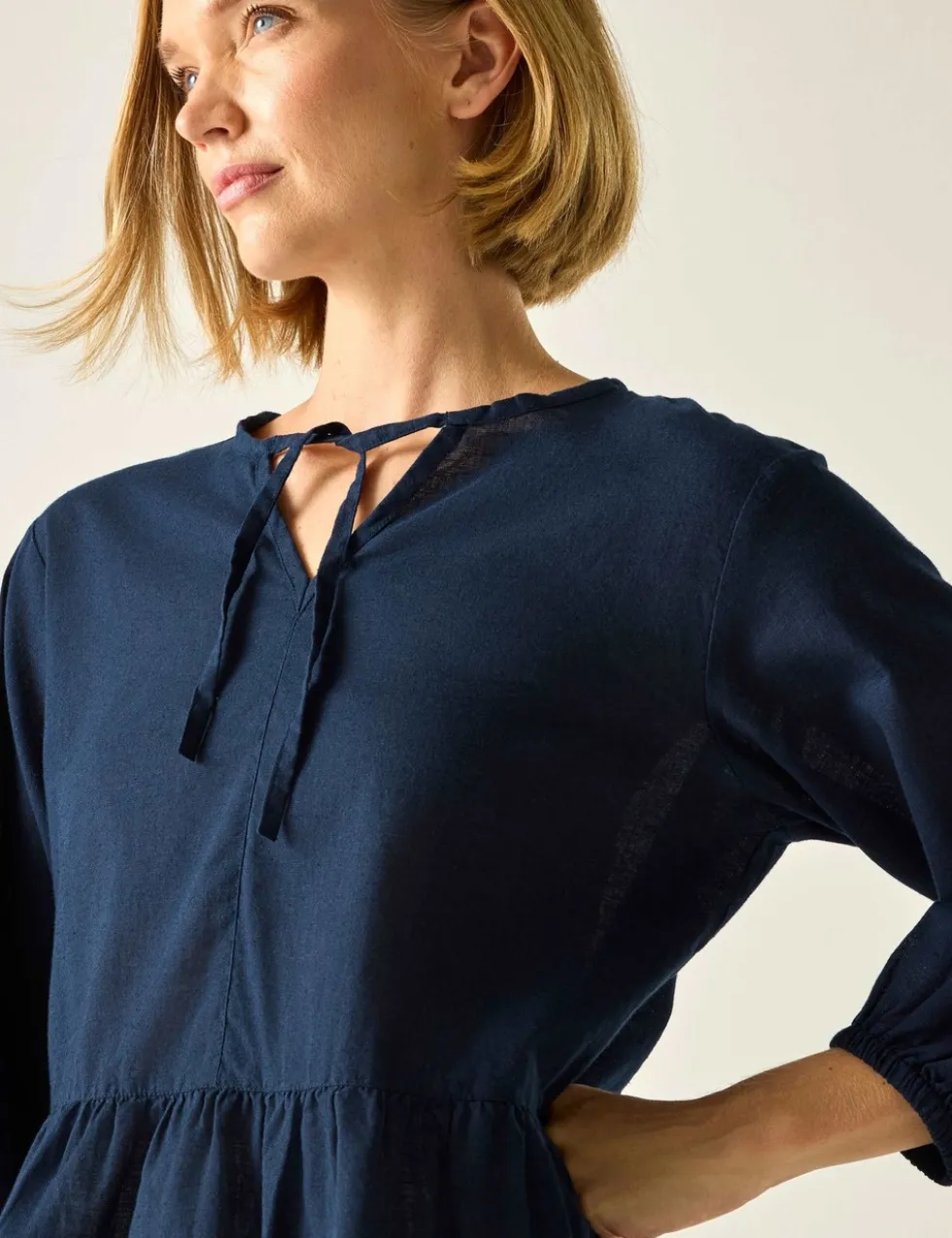 Primden Cotton Rich Tie Neck Blouse With Linen