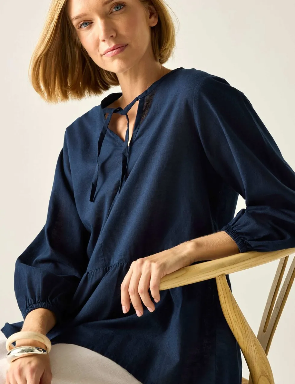 Primden Cotton Rich Tie Neck Blouse With Linen