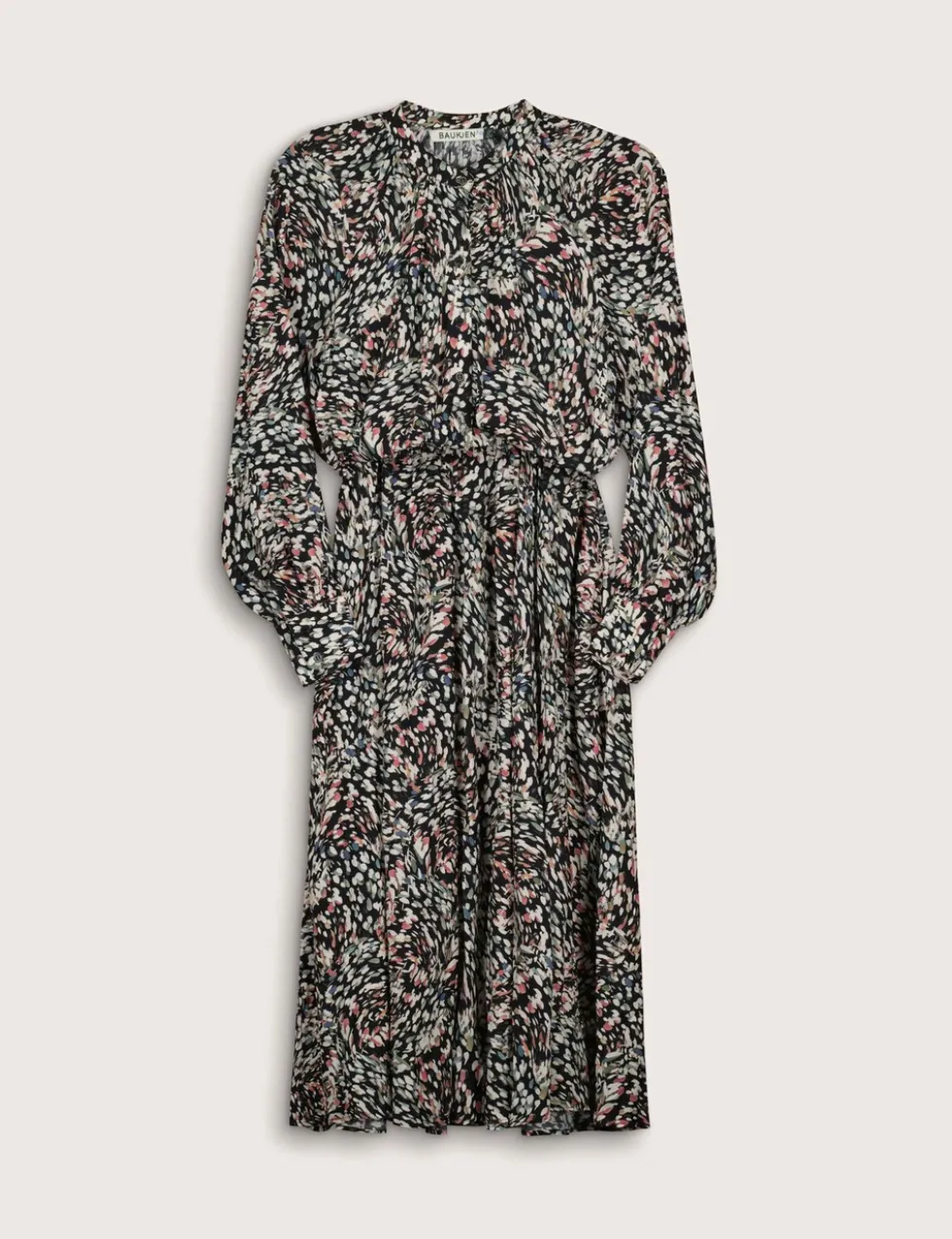 Printed Band Collar Midi Waisted Dress