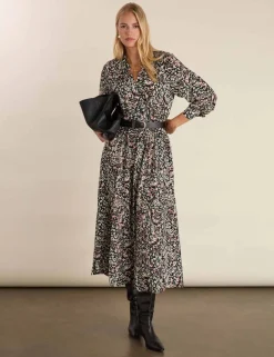 Printed Band Collar Midi Waisted Dress