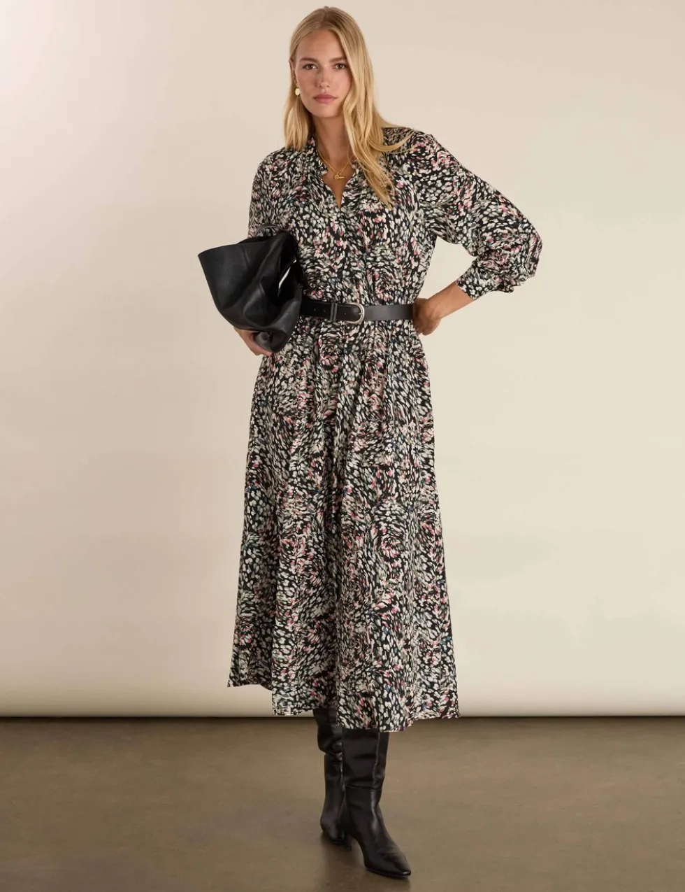 Printed Band Collar Midi Waisted Dress