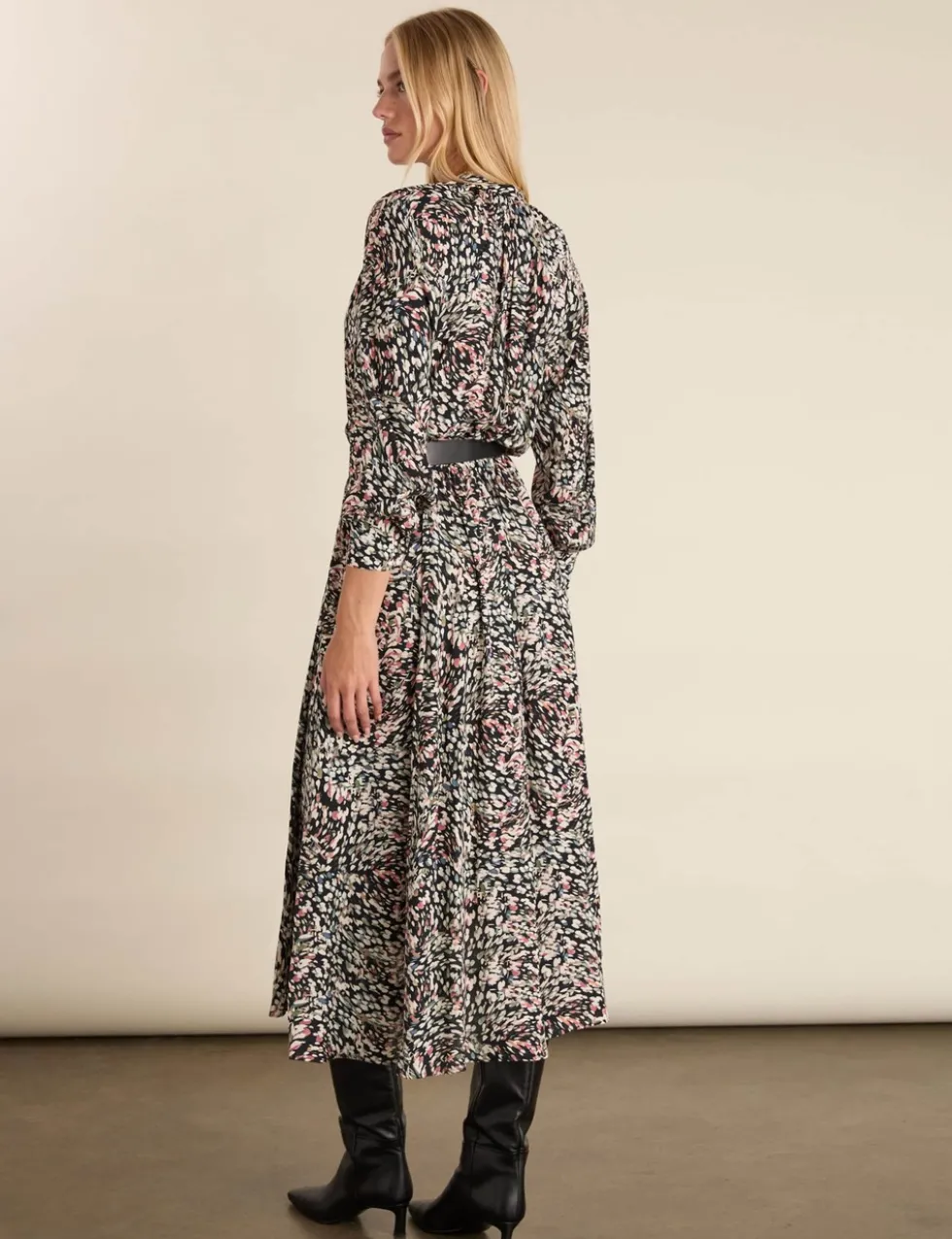 Printed Band Collar Midi Waisted Dress