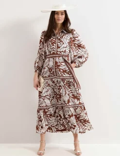 Printed Collared Button Front Maxi Dress
