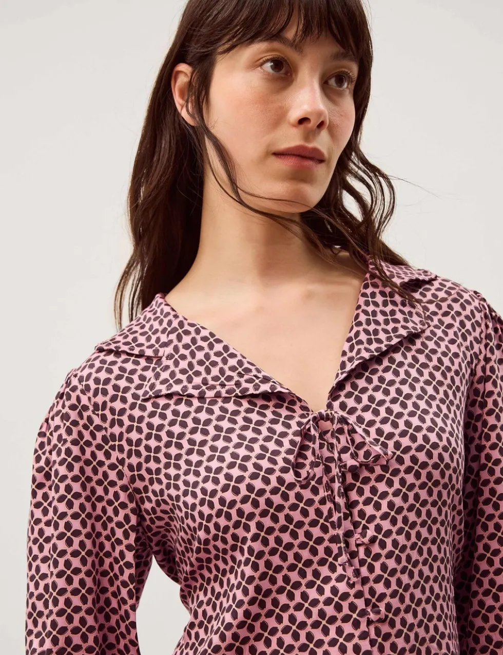 Printed Collared Tie Detail Top