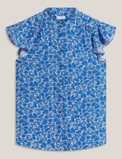Printed Collarless Angel Sleeve Blouse