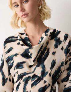Printed Cowl Neck Midi Waisted Dress
