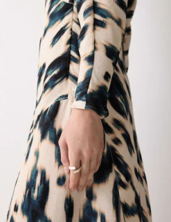 Printed Cowl Neck Midi Waisted Dress