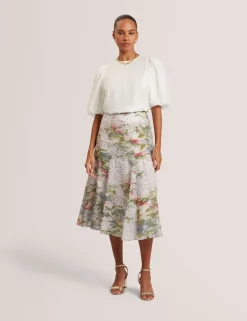Printed Diagonal Seam Midi Slip Skirt