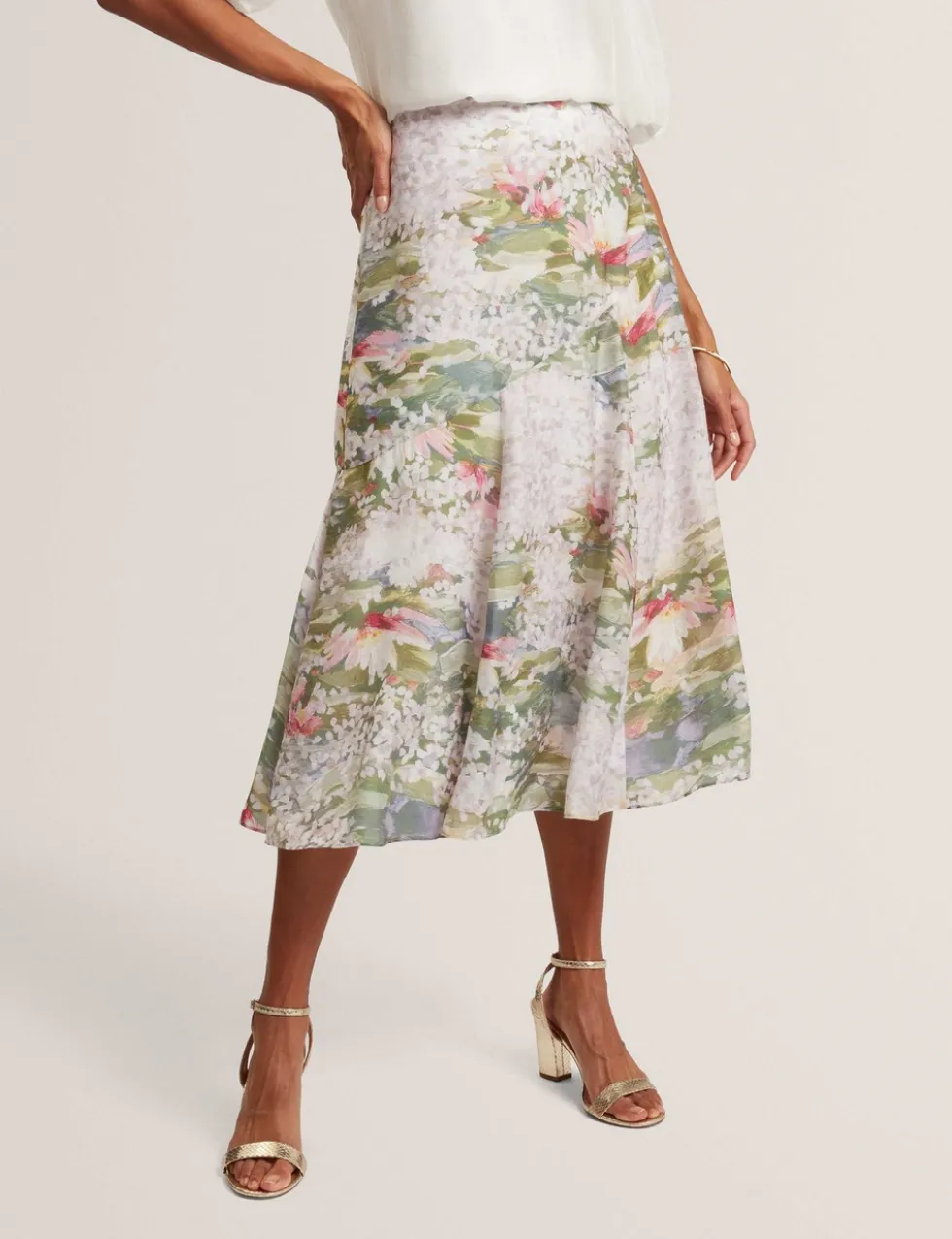 Printed Diagonal Seam Midi Slip Skirt