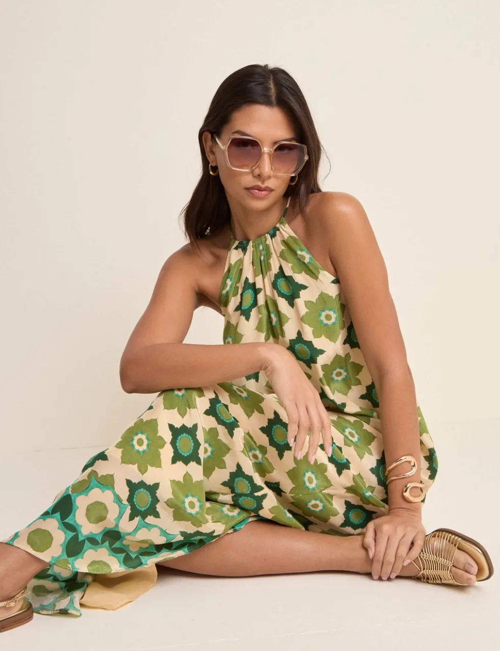 Printed Halter Neck Maxi Smock Dress