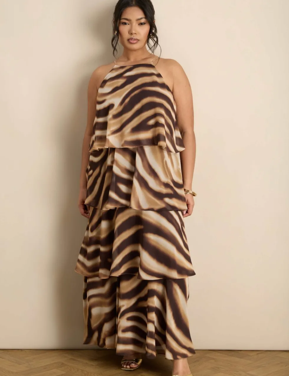 Printed Halter Neck Maxi Tiered Dress