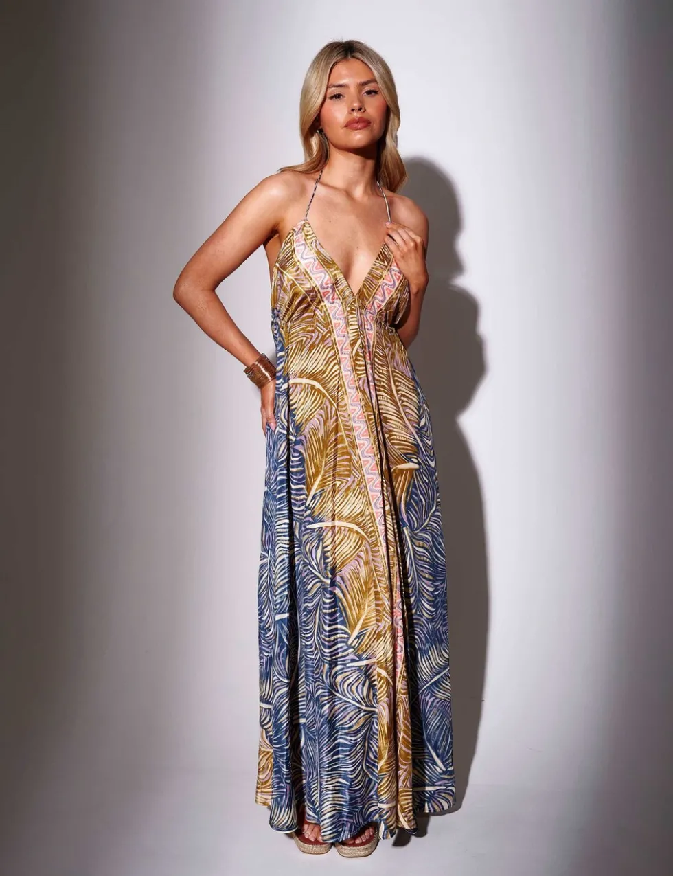Printed Halterneck Tie Back Maxi Beach Dress