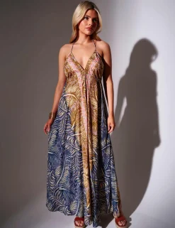 Printed Halterneck Tie Back Maxi Beach Dress