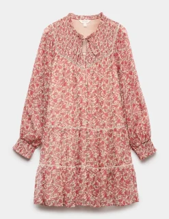 Printed Ladder Lace Insert Mini Smock Dress