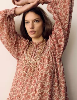 Printed Ladder Lace Insert Mini Smock Dress