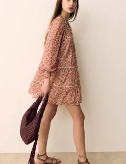 Printed Ladder Lace Insert Mini Smock Dress