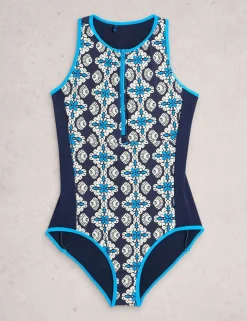Printed Padded Zip Detail Swimsuit