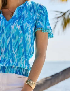 Printed Pom Pom Tie Neck Top