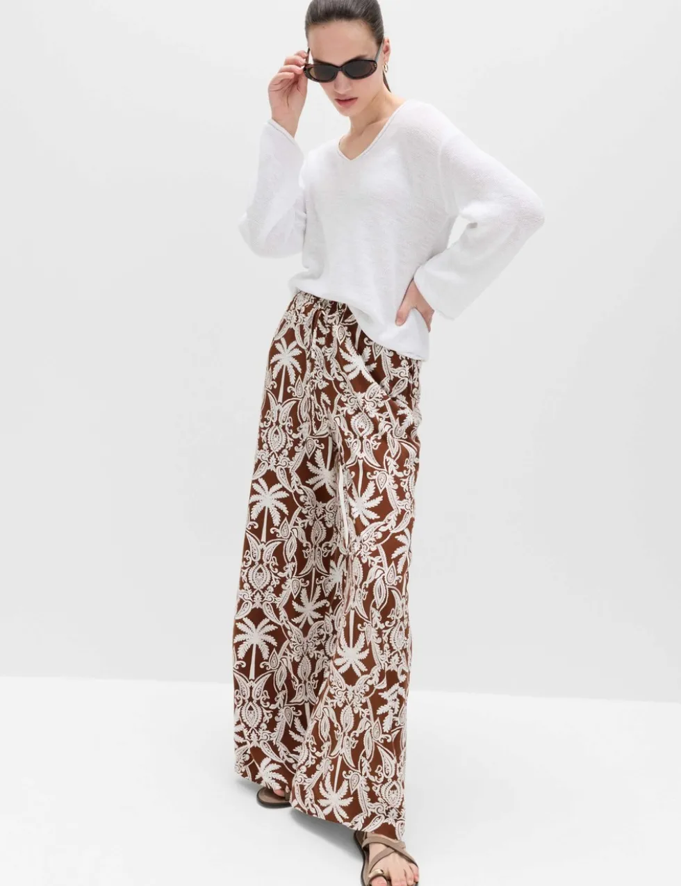 Printed Pull On Wide Leg Trousers
