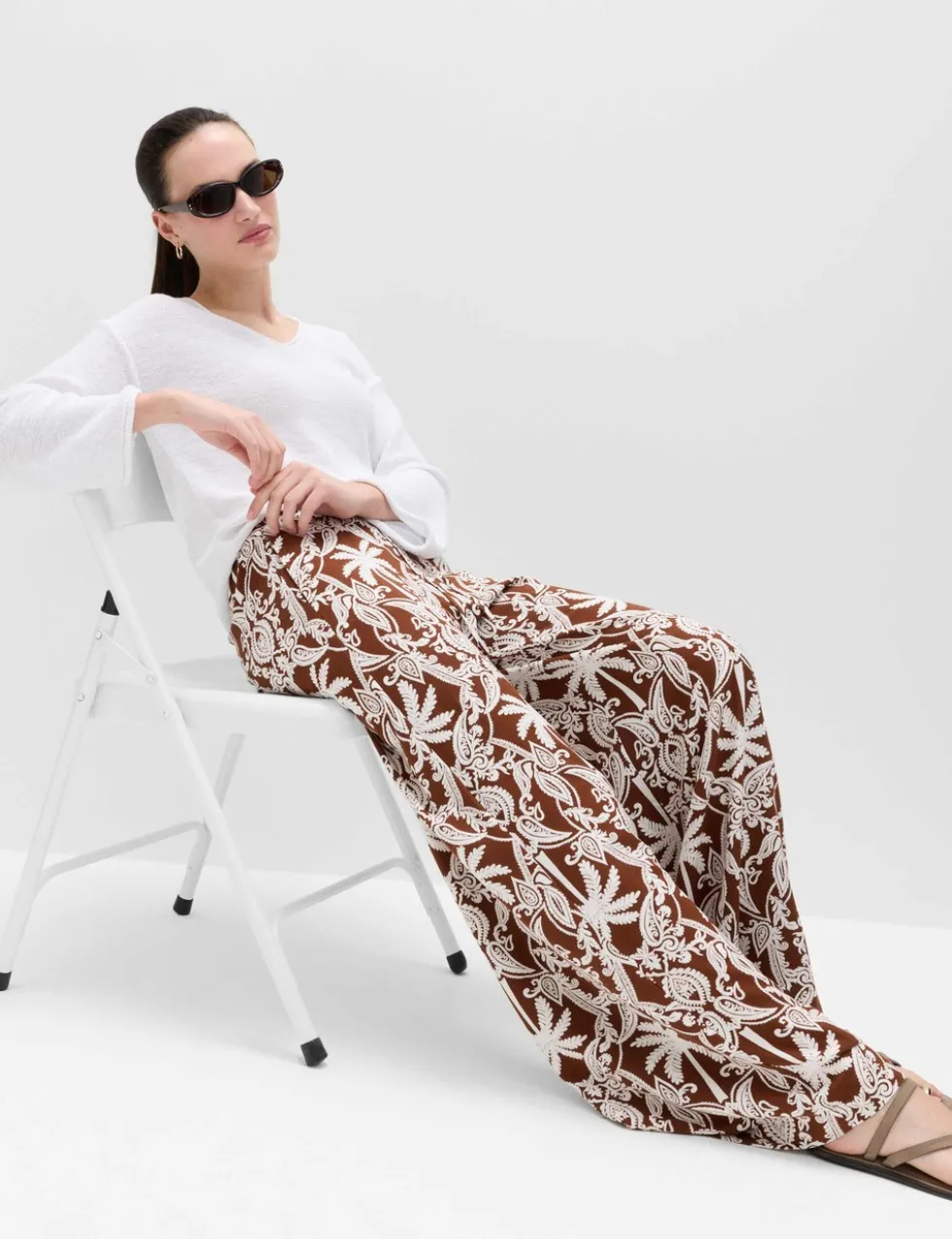 Printed Pull On Wide Leg Trousers