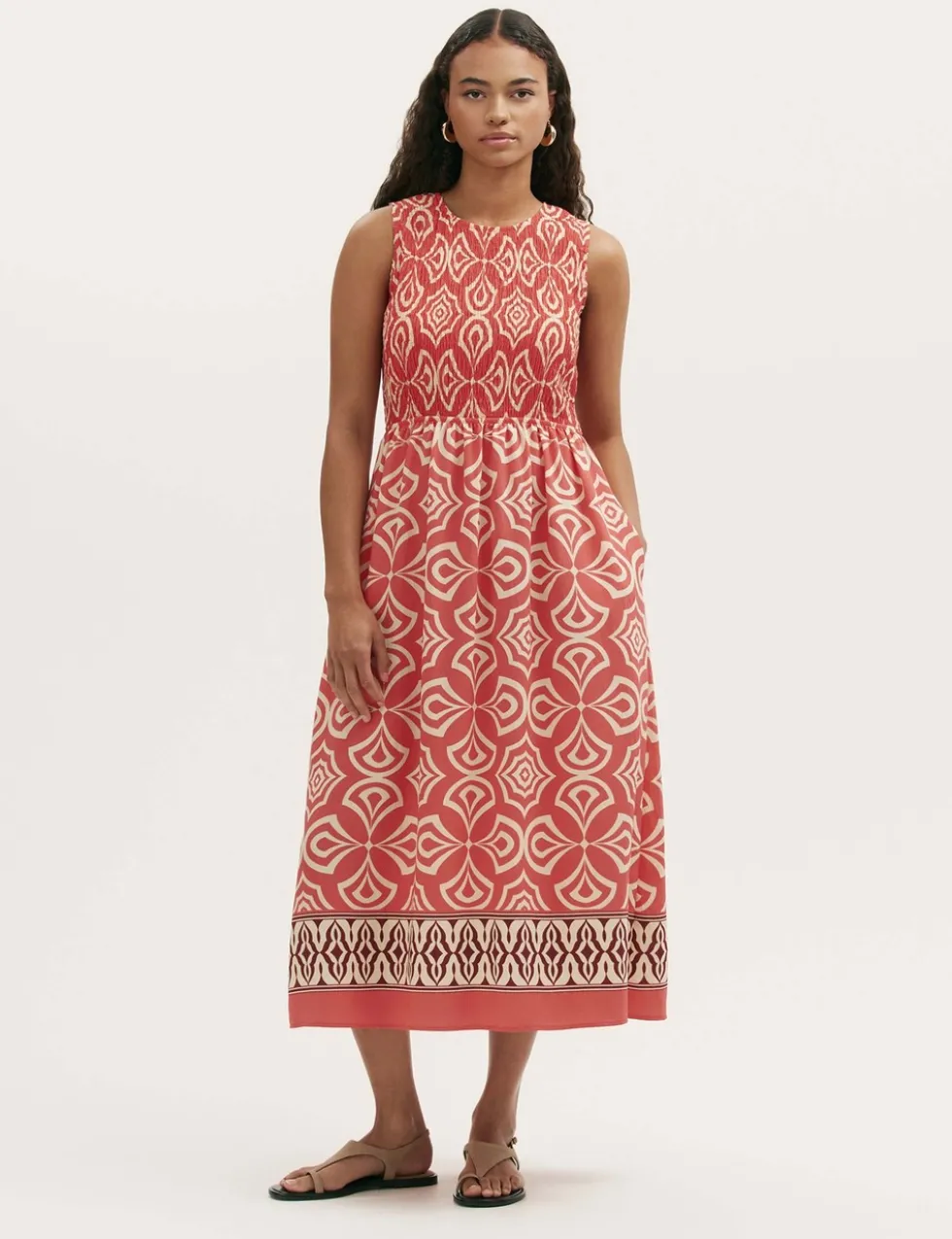 Printed Round Neck Midi Shirred Dress