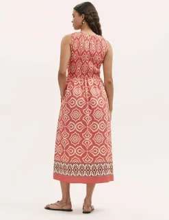 Printed Round Neck Midi Shirred Dress