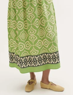 Printed Round Neck Midi Shirred Dress