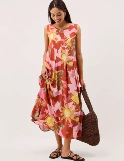 Printed Scoop Neck Midi Smock Dress
