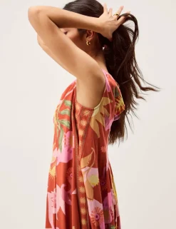 Printed Scoop Neck Midi Smock Dress