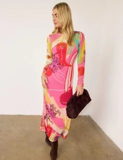 Printed Slash Neck Midaxi Bodycon Dress