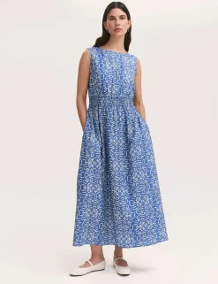 Printed Slash Neck Midi Waisted Dress