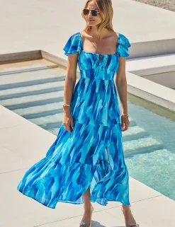 Printed Square Neck Midaxi Tiered Dress