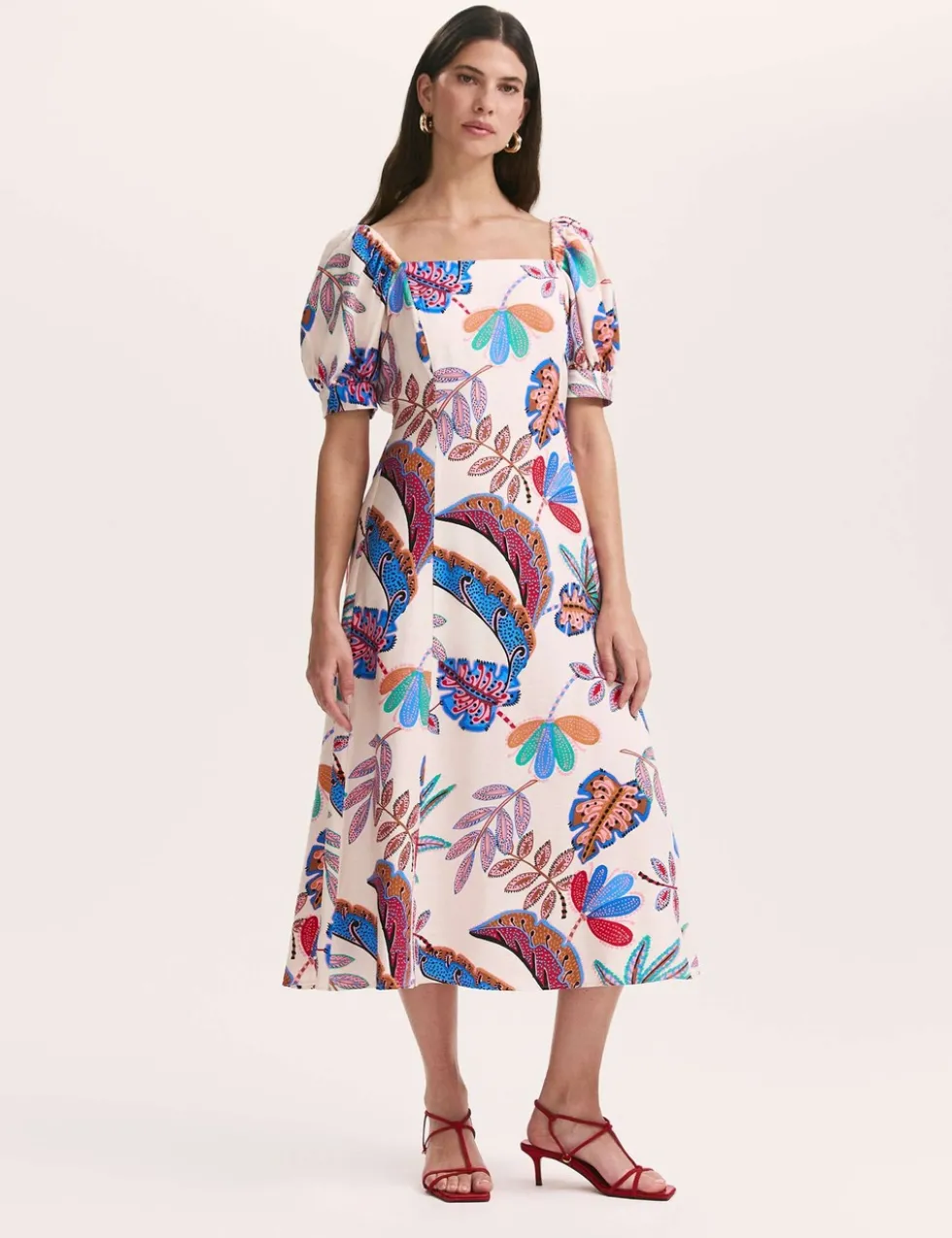 Printed Square Neck Midi Smock Dress