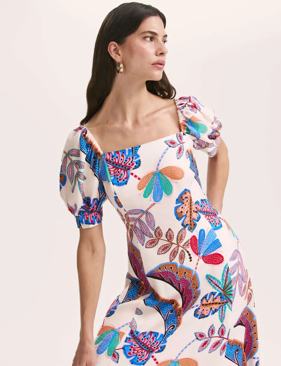 Printed Square Neck Midi Smock Dress