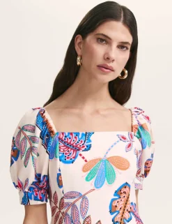 Printed Square Neck Midi Smock Dress