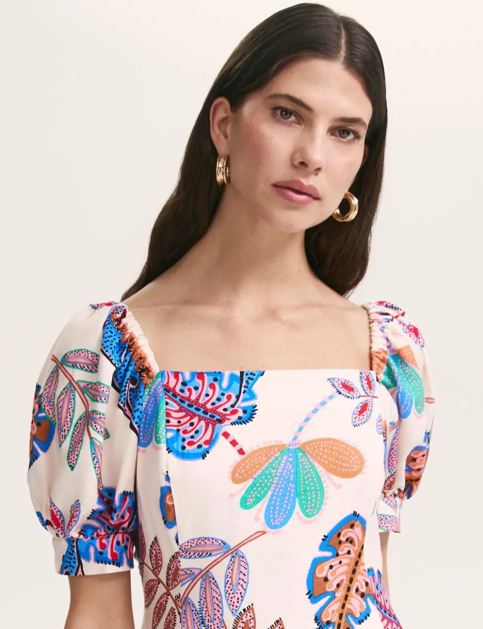 Printed Square Neck Midi Smock Dress