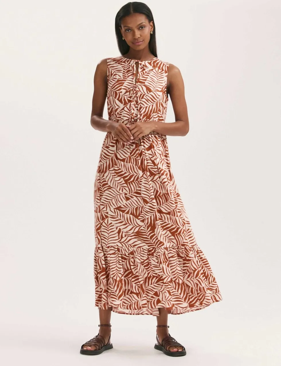 Printed Tie Front Midi Tiered Dress