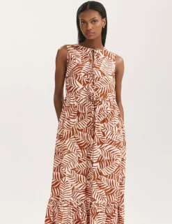 Printed Tie Front Midi Tiered Dress