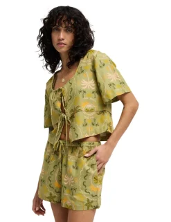 Printed Tie Front Shirt with Linen